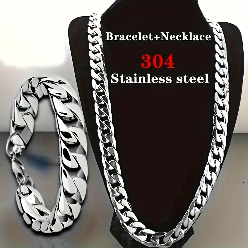 Male 2-Piece Chain & Link Jewelry Set, Classic Fashion Stainless Steel Cuban Necklace, Hip-Hop Punk Rock Metal Coating NK Bracelet for Daily Wear