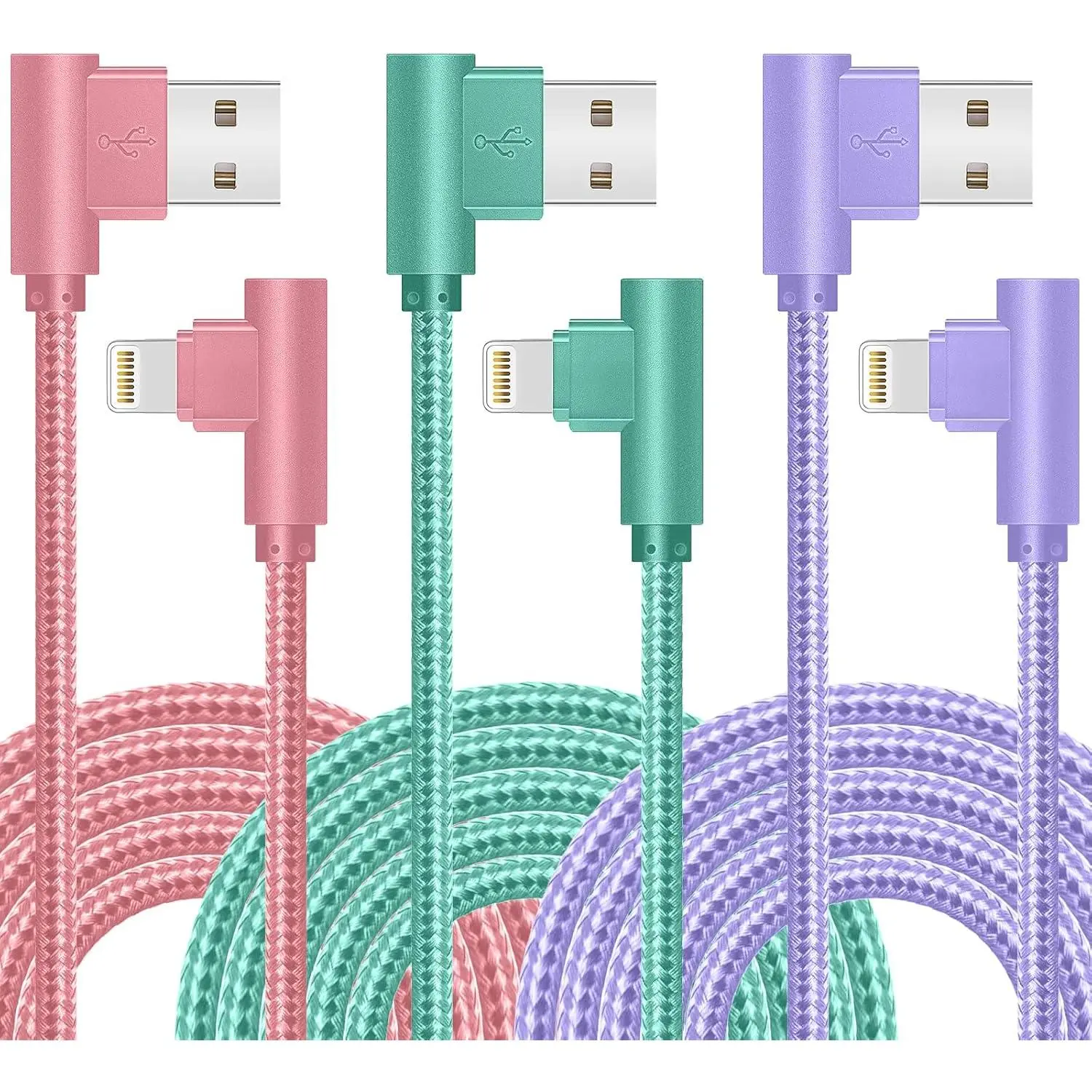 Lightning Cable iPhone Charger 10ft 3 Pack 90 Degree Long Strong Nylon Braided Charging Cable MFi Certified Compatible for iPhone 13/12/11/ Pro/X/XS/XR/8/7/6/5S/SE