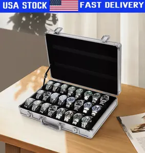 Lockable Aluminum Watch Organizer Case 24+8 Slot Padded Display Storage Suitcase