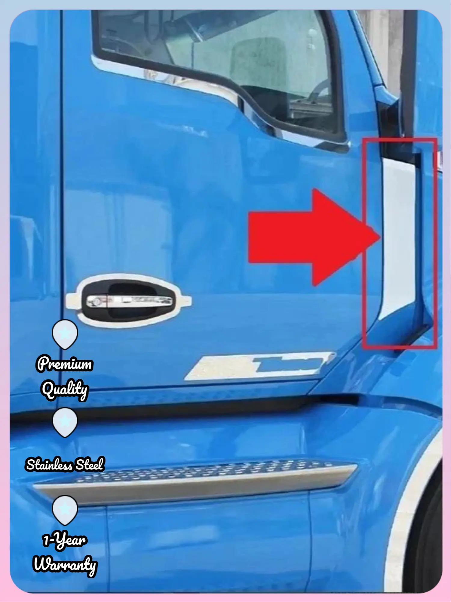 KW T680-T880 CHROME TRIM BETWEEN DOOR AND HOOD PREMIUM QUALITY STAINLESS STEEL PAIR SET
