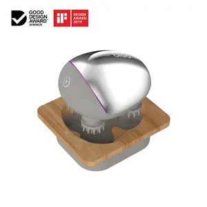 Breo Portable Mini Scalp Massager – IPX7 Waterproof Rechargeable Head Massager for Scalp Relax, Stress Relief Tool with Bamboo Wood Charging Base, Removable Massage Nodes (Silver with Base) Comfort Comfort Massaging Brush