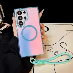 Gradient Hand Wrist Strap Protective Case For Samsung A17 S25 FE S23 S24 FE Plus S24 Ultra S25 Edge A15 A54 A55 A16 A26 A36 A56 A06 5G Wireless Charging Cover Accessories