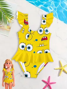 Girls' one-piece swimsuit "Yellow Background SpongeBob Expression Style" - yellow background with expression prints + ruffled style, soft and cute, perfect for summer pool/ beach outfits