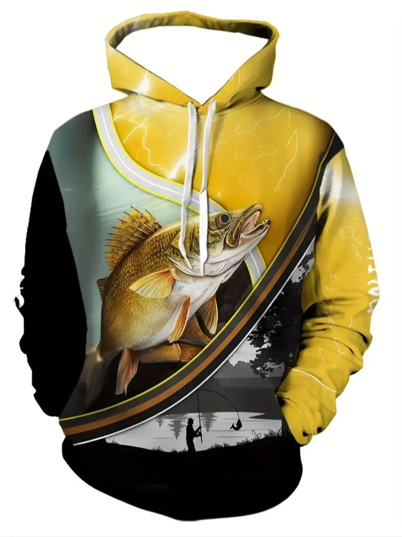 Men's 3D Fish Print Graphic Knit Hoodie, Colorblock Long Sleeve Casual Streetwear, Fall Winter Fishing Enthusiast Clothing