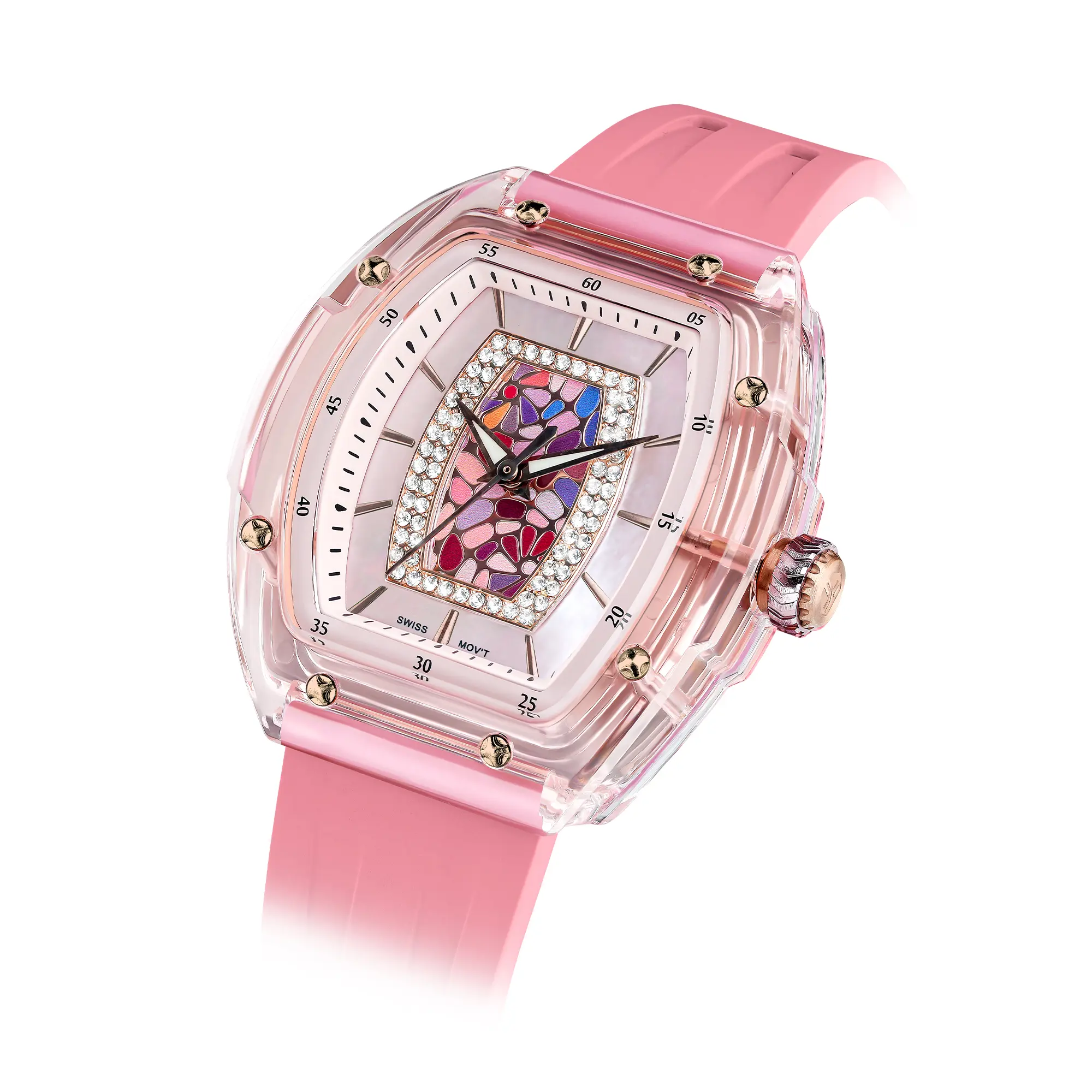 TSAR BOMBA Women's Sapphire Glass Swiss Quartz Watch with Fluorine Rubber Classic Tonneau Design, Luminous 30M Waterproof, Beautiful Gifts for Women Chronograph Rhinestone