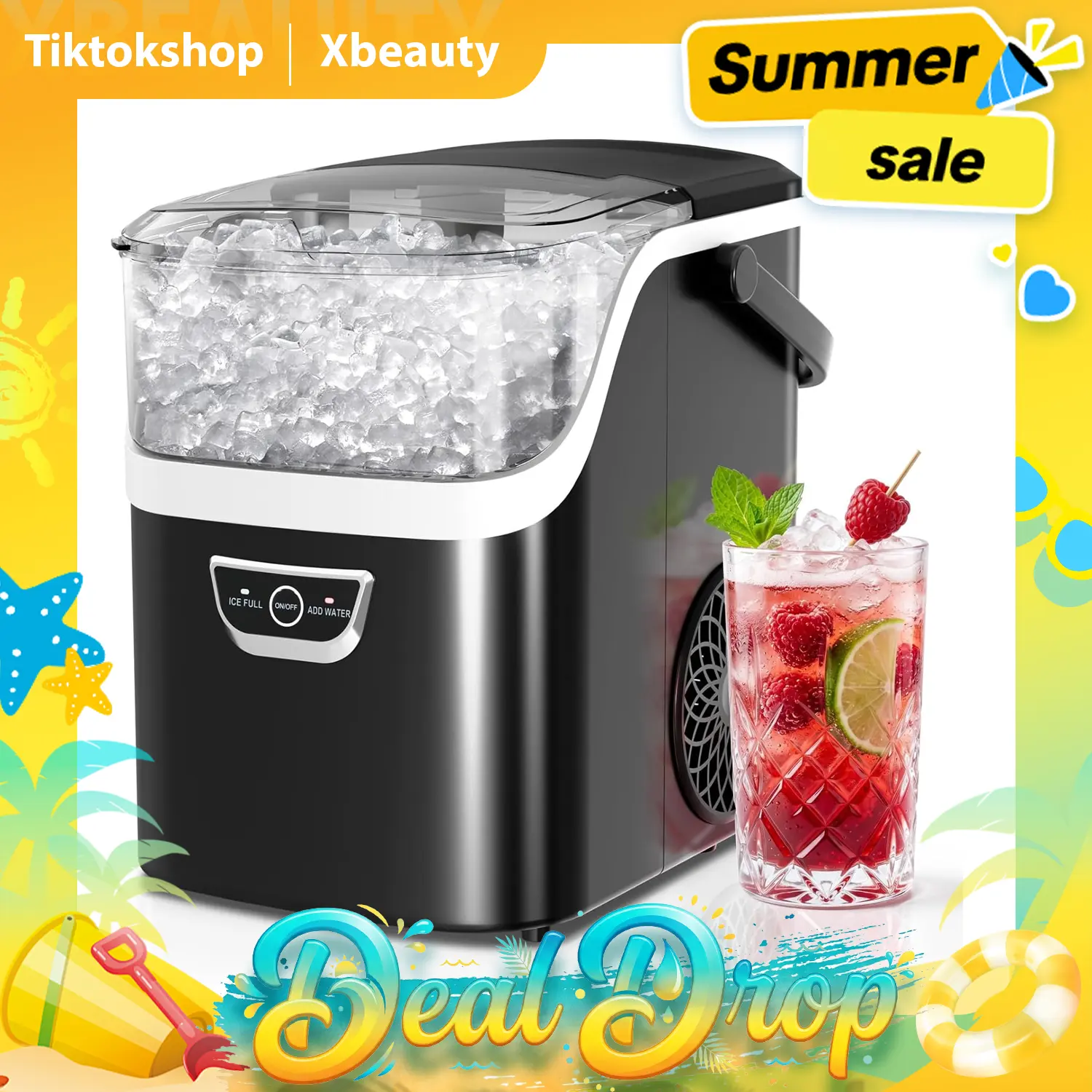 Nugget Countertop Ice Maker with Soft Chewable Ice, 34Lbs/24H, Ice Ready in 5 Mins,  Xbeauty Portable lce Machine with lce Scoop, Self-Cleaning Compact Ice Machine with Ice Scoop & Basket, Water/Ice Full Alerts for Home, Kitchen, Office, Party
