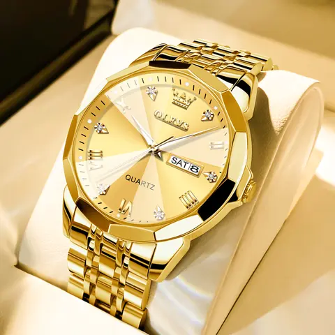 OLEVS G9931 Men's Diamond Business Dress Watch Analog Quartz Stainless Steel Waterproof Luminous Date Two Tone Luxury Casual Wristwatch with Push Button Foldover Clasp