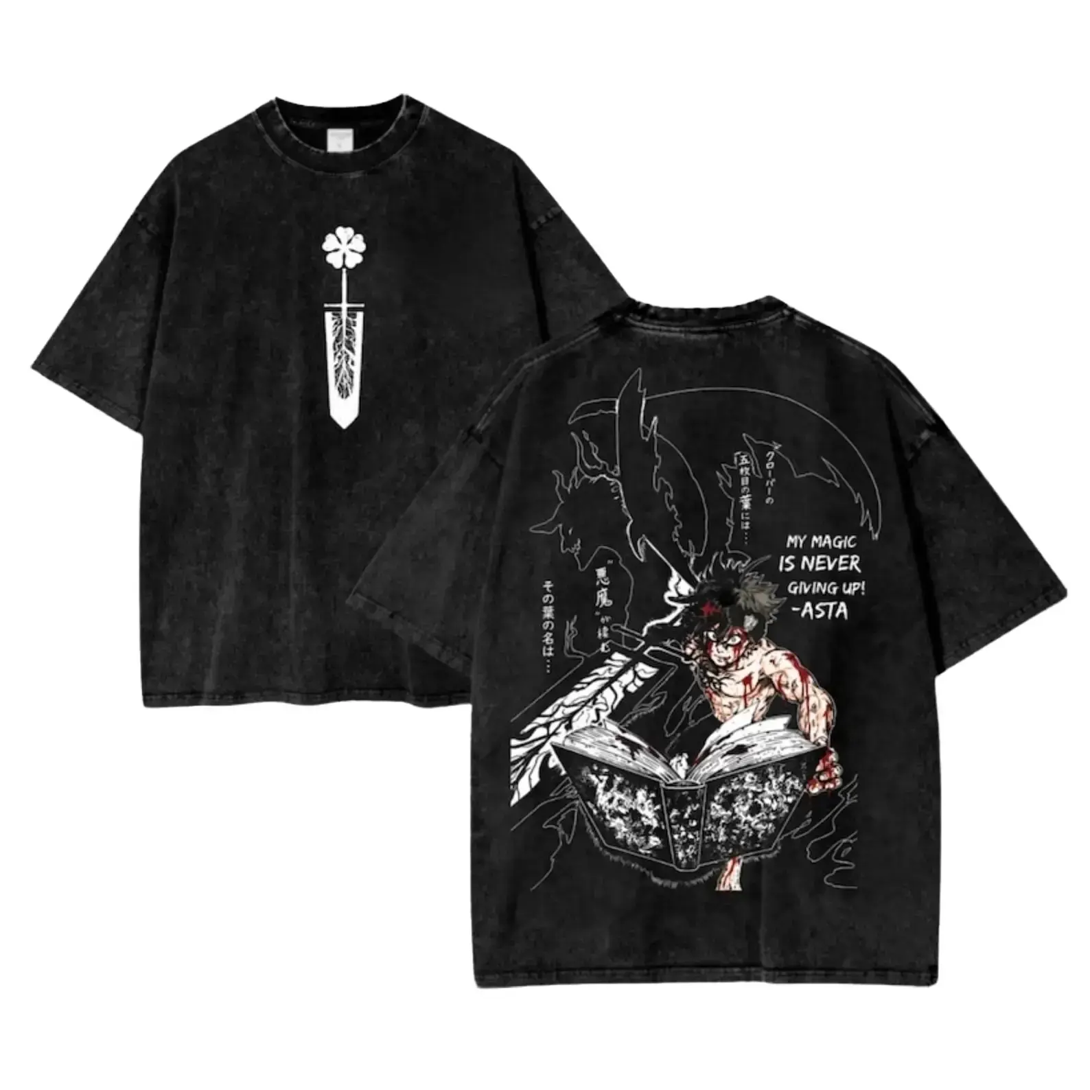Men's Black Clover Asta Devil Form Vintage Washed Graphic Tee - Heavyweight Soft Ribbed Cotton, Oversized Classic Shortsleeve Round Neck Seamless Casual Apparel, Premium Print Manga Fan Gift