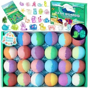 Bath Bombs for Kids with Toys Inside - 24 Pack Kid Bath Bombs with Glow in The Dark Surprise Toys Inside, Easter Gifts for Kids Girls Boys, Easter Basket Stuffers, Organic Bubble Bath Fizzy