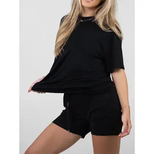 Cloud Lounge Set for Women - Oversized Black T-Shirt & Shorts 2 Piece Outfit Soft Breathable Cotton Blend Casual Everyday Loungewear pajama sets women