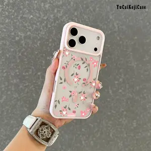 Pink Flower Pattern Premium Magnetic Phone Cases for iPhone 17 Air  16 15 14 Pro Max 13 12 11 Plus Smartphone Shockproof Protection Acrylic Cover Cellphone Protective magsafe magnetic case Aesthetic Resistance Casing Protector Screen Protector