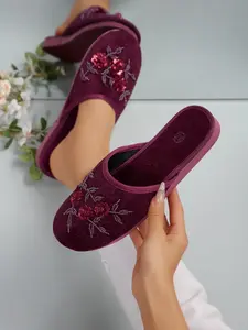Women's Vintage Round Toe Flat Shoes, Handmade Beaded Flower Slippers, Lightweight Comfortable, Sizes 36-41, Wine, Silver Color
