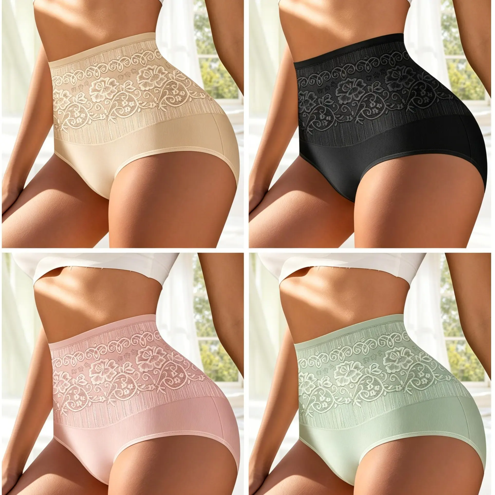 Women's Casual High-Waist Panties 4-Pack - Tummy Slimming Midsection Support, Hip Enhancement, Soft Cotton Gusseted Crotch, Multicolor Underwear Briefs, Plant Print