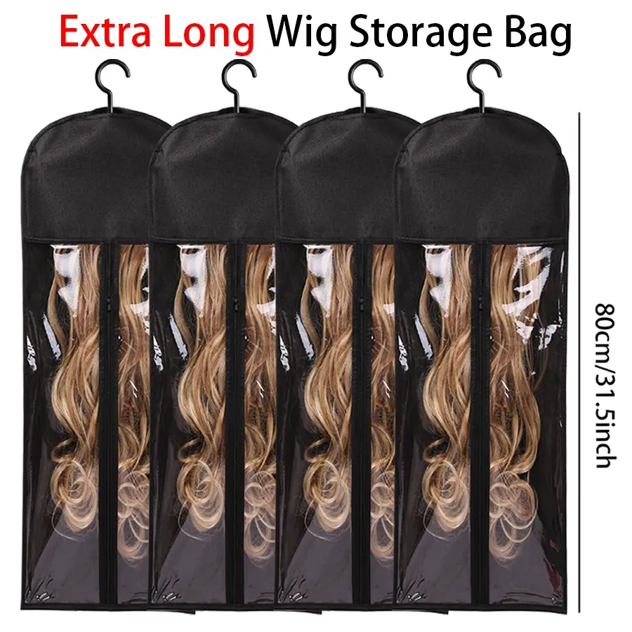 Extra Long Wig Storage Bag With Hook, Wig Storage Hanger, Zipper, Transparent Dustproof, Wig Storage Container, Hair Extension Holder, Wig Tool, Wigs Accessories For Salon & Home Use