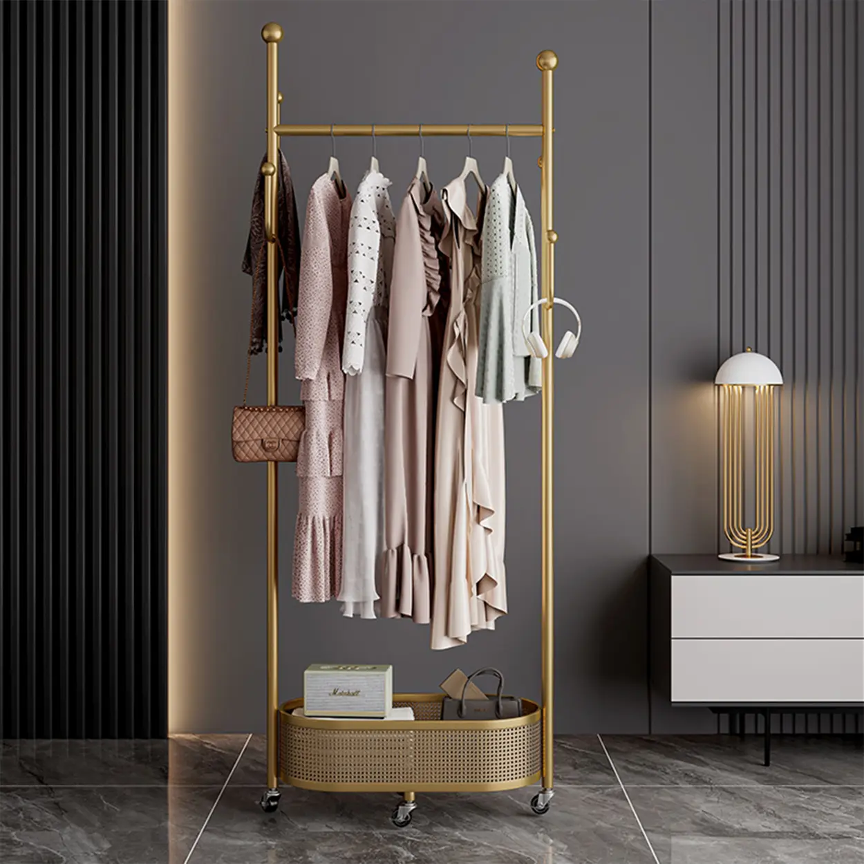 Multifunctional coat rack with storage basket 360° movable rotation｜Bedroom and living room storage artifact｜Hanging clothes/hats/bags/scarves｜Space-saving and stylish home｜Home essential Garment Rack Modern