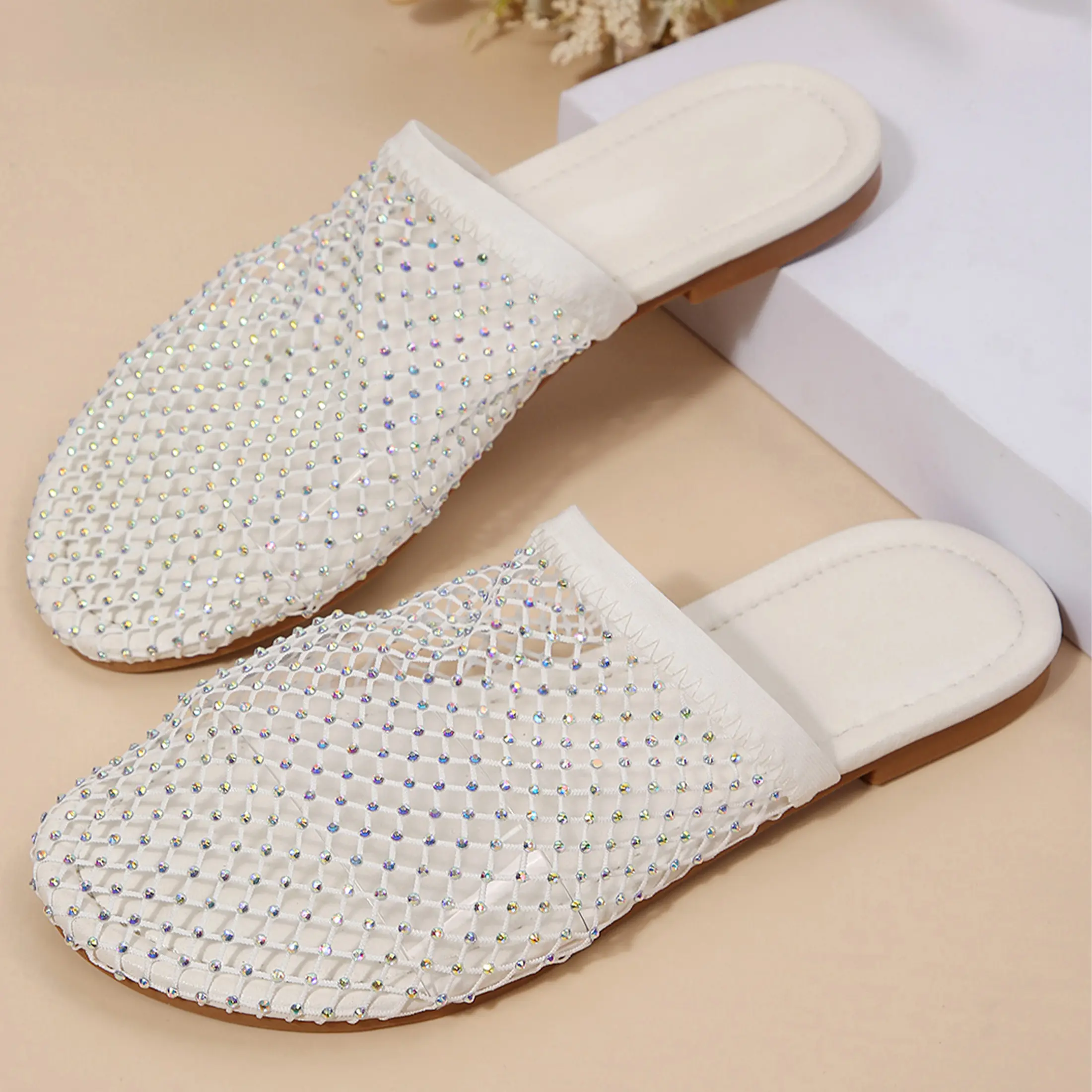 Women's Breathable Mesh Slippers with Sparkling Rhinestones Open Toe Flat Sandals Summer Shoes Springfresh