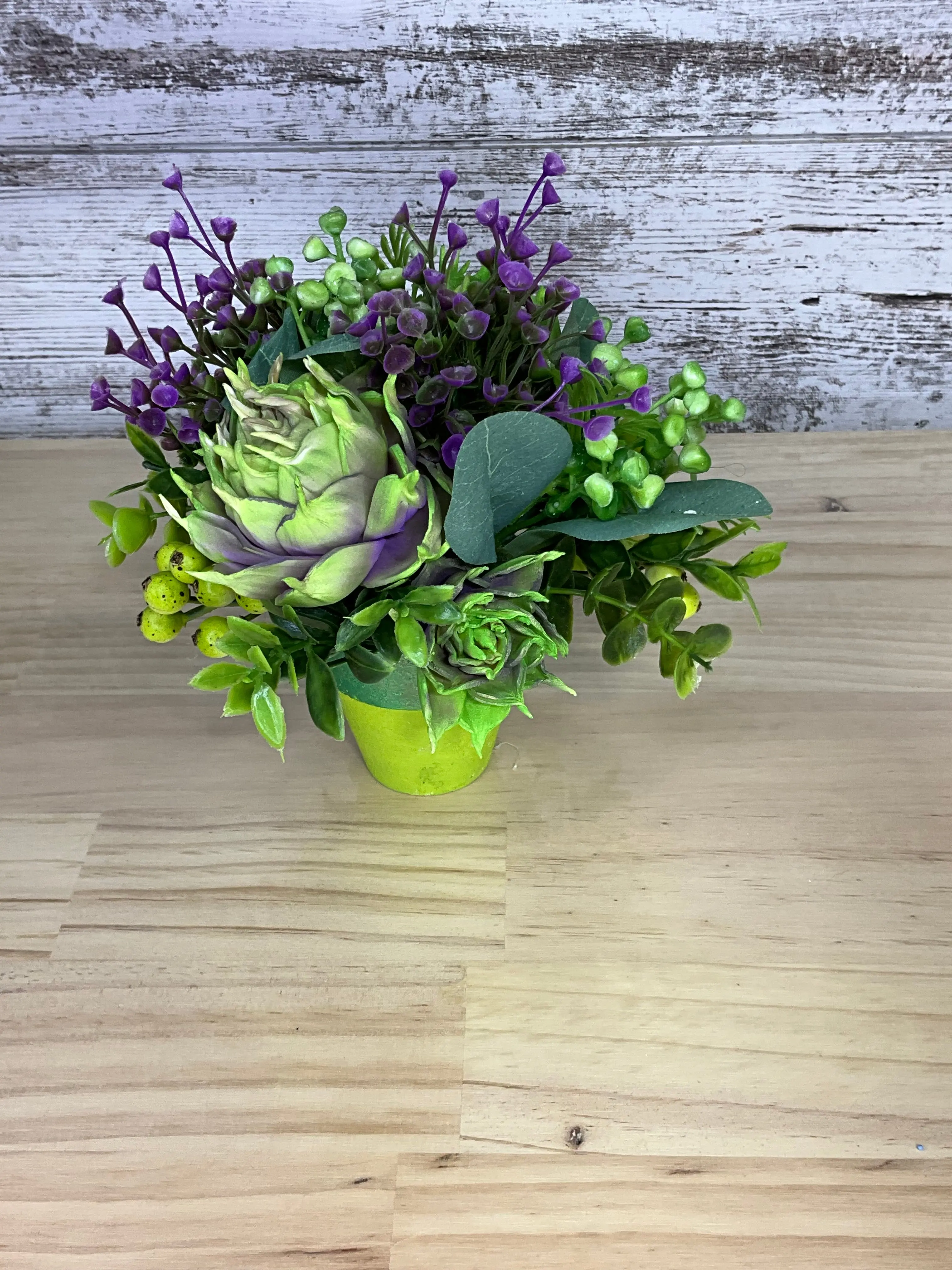 Handmade Craft Mini Natural Wood Sola Flower Bouquet in Lime Pot - Colorful Mix Chartreuse & Purple with Eucalyptus & Berries, Decorative Bonsai Artificial Plants Desk Decor for Home Interior Styling Gift Idea