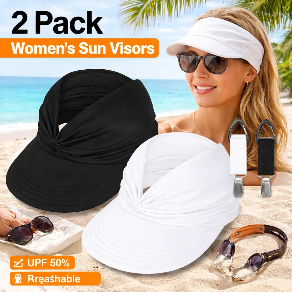Female 2-Pcs Wide Brim Visor Hats - Lightweight, Packable, Adjustable Polyester, Quick Dry, Breathable Beach Hat, Flexible, 21.65"-23.22", Ponytail Hole Head Cover, Outdoor Headwear (Festive & Party Supplies)