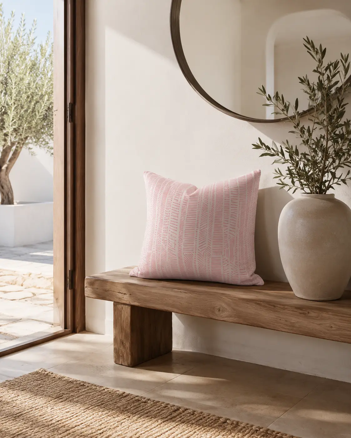 Blush Pink Outdoor Decorative Throw Pillow, Modern Abstract Dash Pattern, UV-Resistant Water-Resistant Patio Cushion