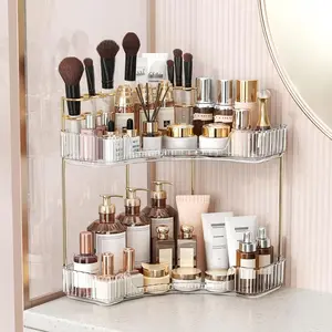 2-Tiers Corner Bathroom Counter Organizer, Clear Countertop Shelf Storage Rack, Cosmetic Perfume Tray Standing Holder with Gold Metal Pole, Skincare Sink Organizer for Vanity Kitchen Transparent Smooth