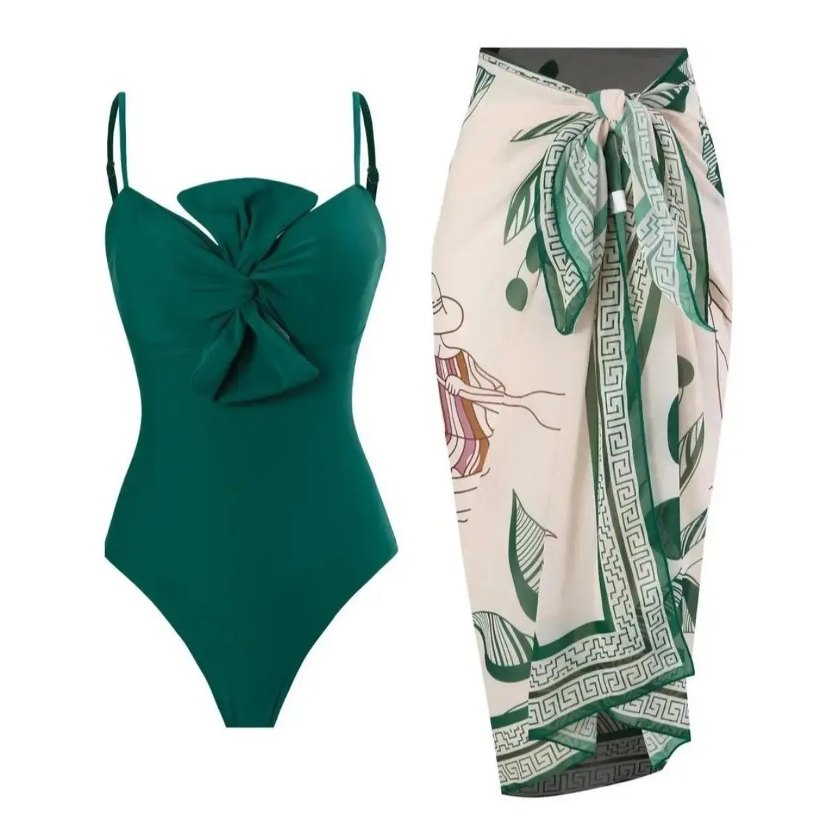 Women's 2026 Summer Elegant Emerald Green Geometric Print 1-Piece Swimwear with Sarong Swimwear Coverups for Beach Vacation, Beachwear Cover Up, Beach Swimsuit Coverup, Full Coverage, Poolside Wear, Machine Washable