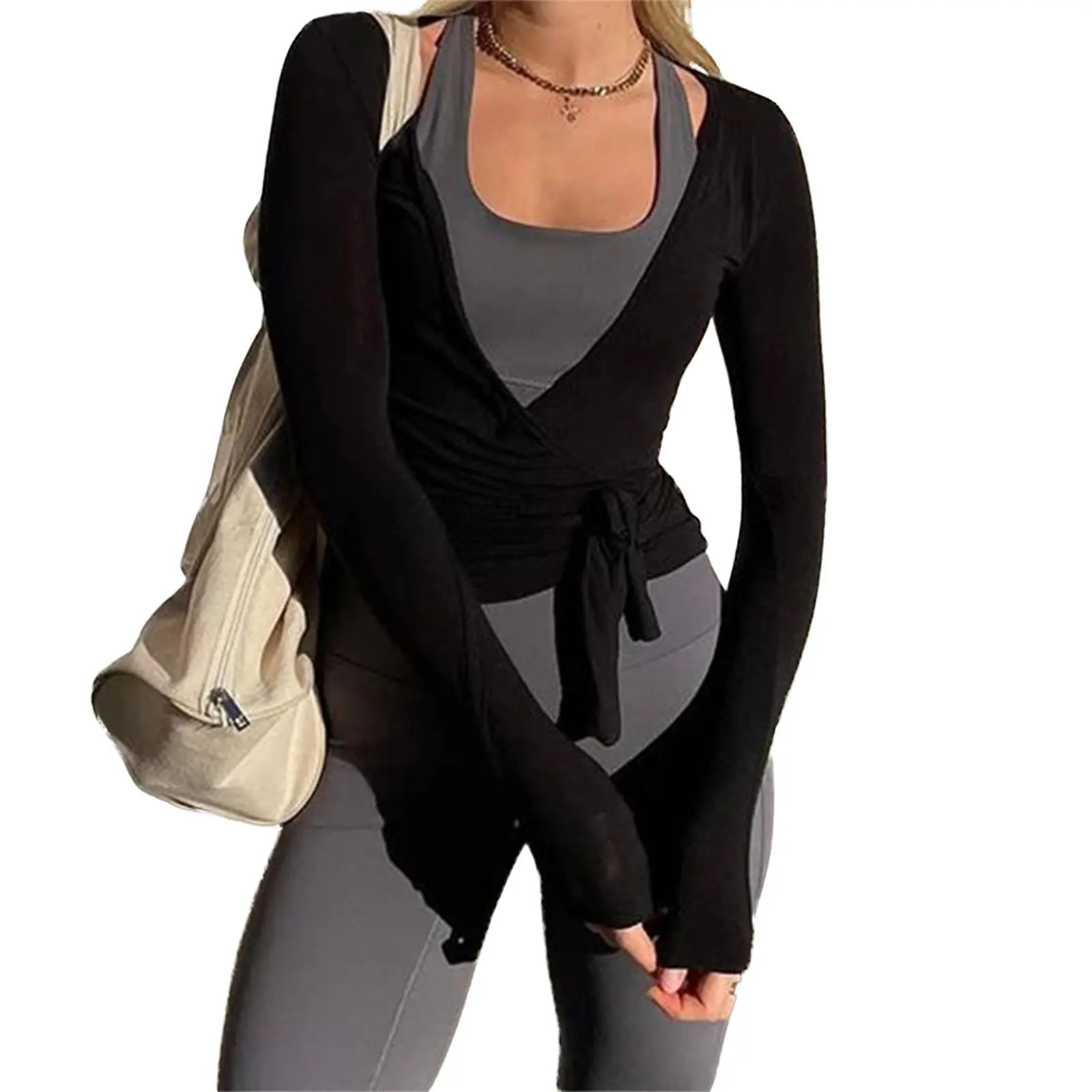 Women's Long Sleeve Criss-Cross Tie Top, Slim-Fit Deep V-Neck Blouse for Workout, Solid Color Valentine's Day Gift, Wrap, Women's Clothes, Valentines Day, Casual Chic, Elastane, Hand Dry, Low-Ironing, Slim-Fit Cut Flatters Your Shape