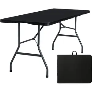 Folding Table 6ft Portable Heavy Duty Plastic Fold-in-Half 6 Foot Foldable Table Utility Dining Indoor Outdoor with Carrying Handle for Camping Picnic and Party, Black