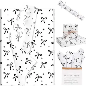 100Pcs 20 * 14 Inches Bow Tissue Paper for Gift Wrapping Black White Bow Knot Tissue Paper for Gift Bags for Coquette Birthday Party Bridal Shower DIY Craft (Black)