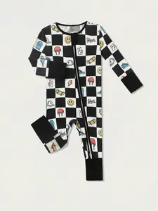 Baby long-sleeved bamboo fiber romper, two-way zipper, foldable hand and foot cuffs,baseball in the checkerboard  print pattern, suitable for all seasons, infant gift, Can be worn as outerwear