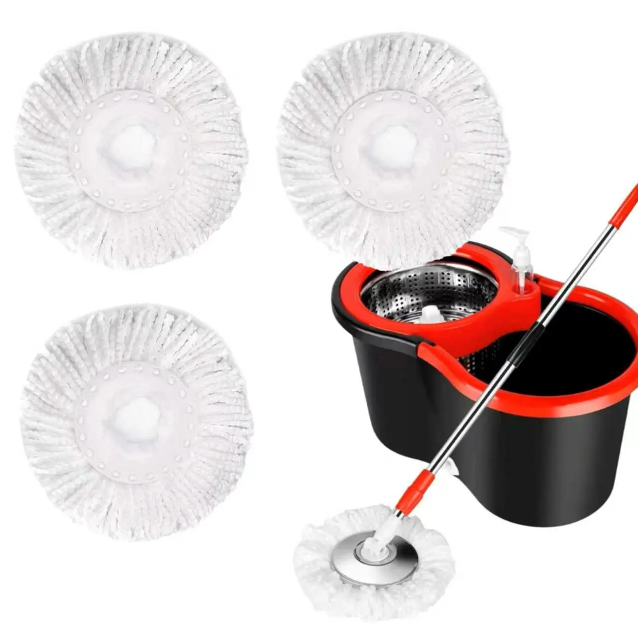 3-Pack Absorbent Microfiber Replacement Mop Heads, Round Standard-Size Spin Mop Accessories for Floor/Vehicle Dry/Wet Clean, Car & Window Clean, Machine-Wash Reusable Plastic Refills