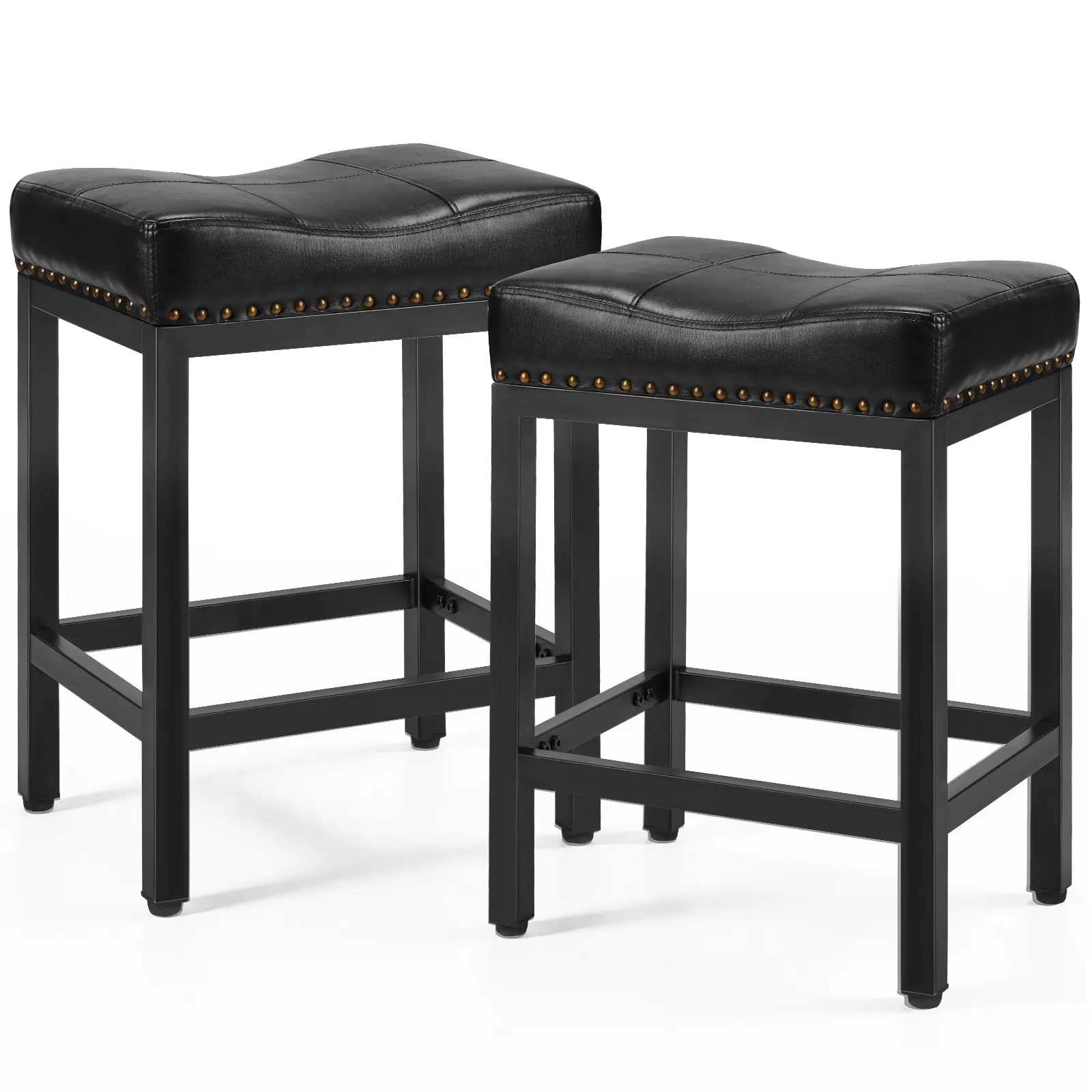 2-Piece 24-Inch Counter Height Modern Saddle Barstools for Kitchen, Metal Base, PU Leather Seat, Barstool