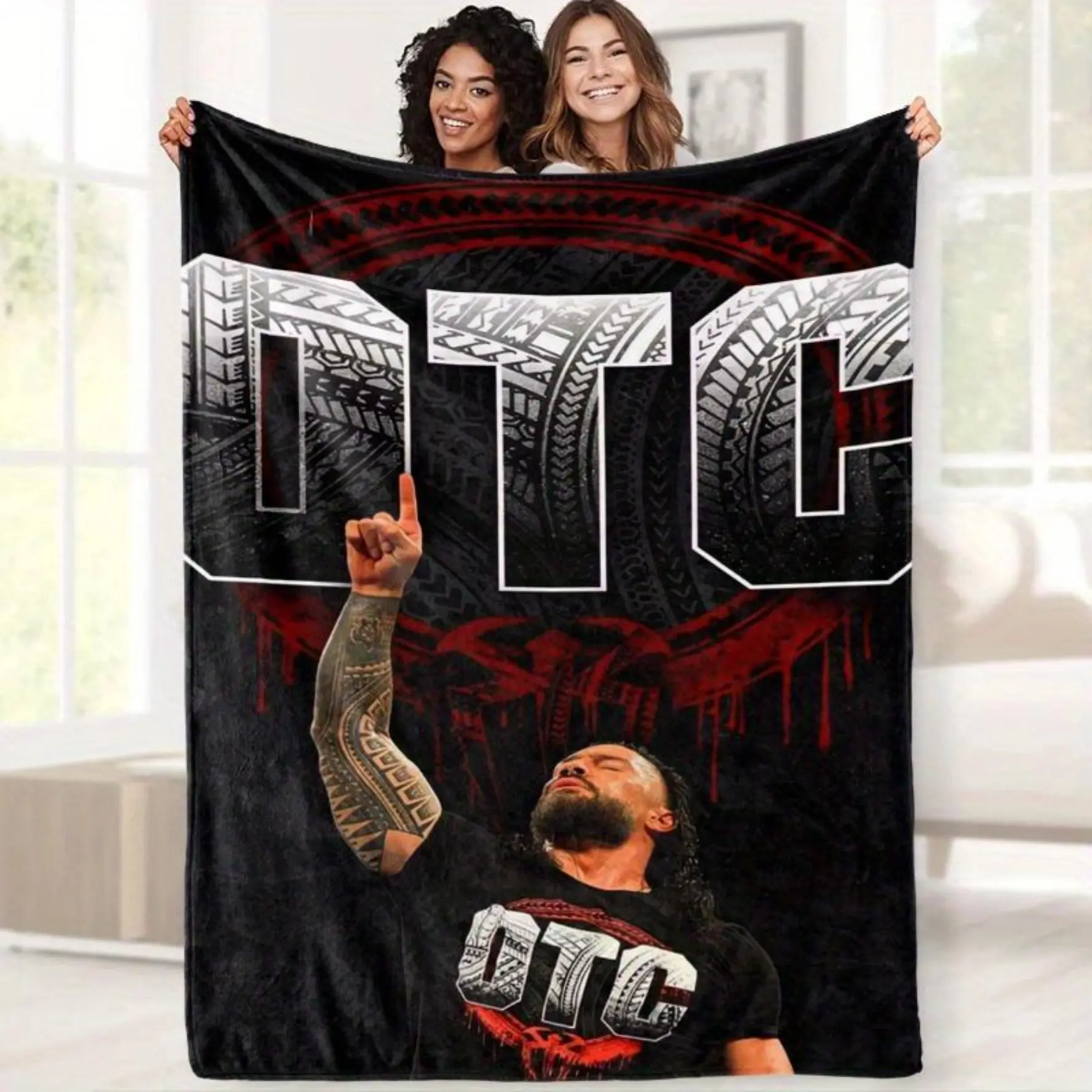 Roman Reigns Traditional Single-Side Print Flannel Blanket - Anti-Slip Velvet, Soft, Breathable, Durable, Wrinkle Resistant Polyester All-Seasons Throw for Home Sofa, Lightweight Travel Accessory