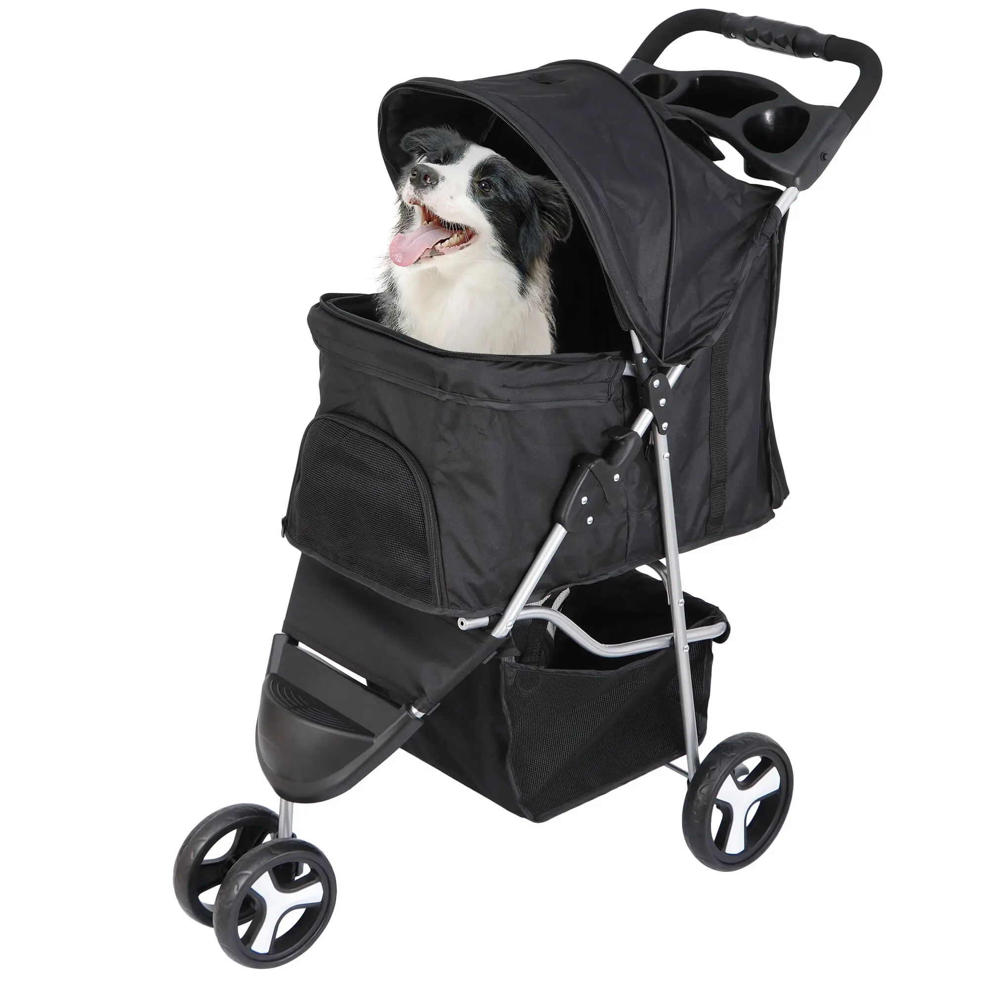 Pet Republic 3-Wheel Foldable Portable Puppy Stroller - Breathable Mesh Windows, Comfortable Material, Washable Cushion, Metal-Plastic Frame, Cup Holders, Storage Basket, Black Outdoor Carrier for Small Dogs (Max. 33LBS), Fabric