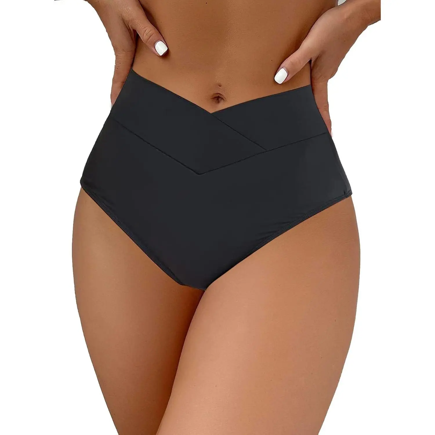 Women's High-Rise V-Cut Twist-Front Cheeky Tummy-Hiding Built-In Waistband Bikini Bottoms - Multi-Size (Small, Large) Sports & Outdoor Swimwear Swimsuit Bottoms