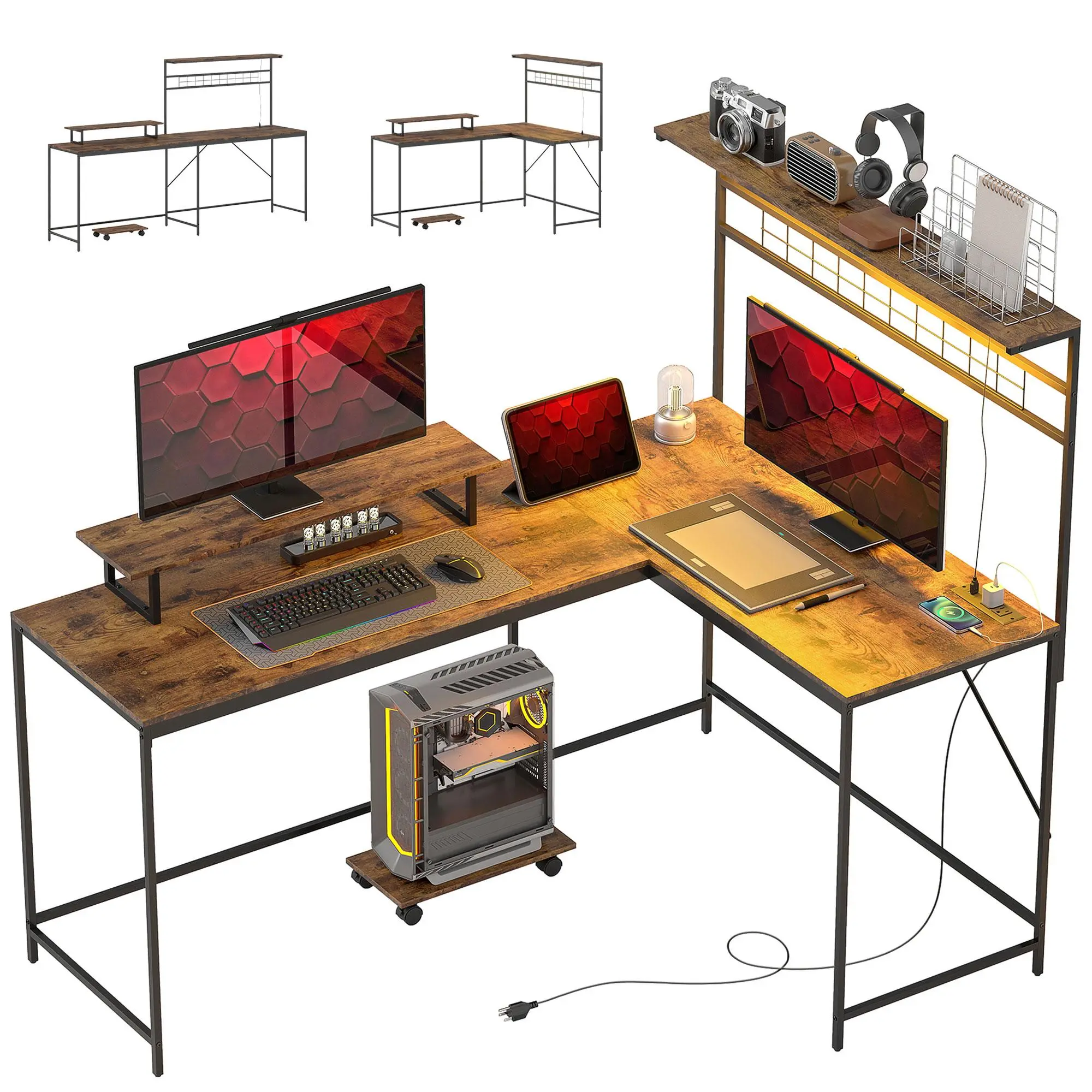 HOMCOM 61.6" L-Shape Industrial Convertible Corner Gaming Desk - Office Furniture with Power Outlets, LED Lights (17 Dynamic Color Modes, Remote Control), 22 lbs. Capacity Monitor Stand, Rolling Shelf, Top Hutch, 165 lbs. Tabletop, White for Home Office,