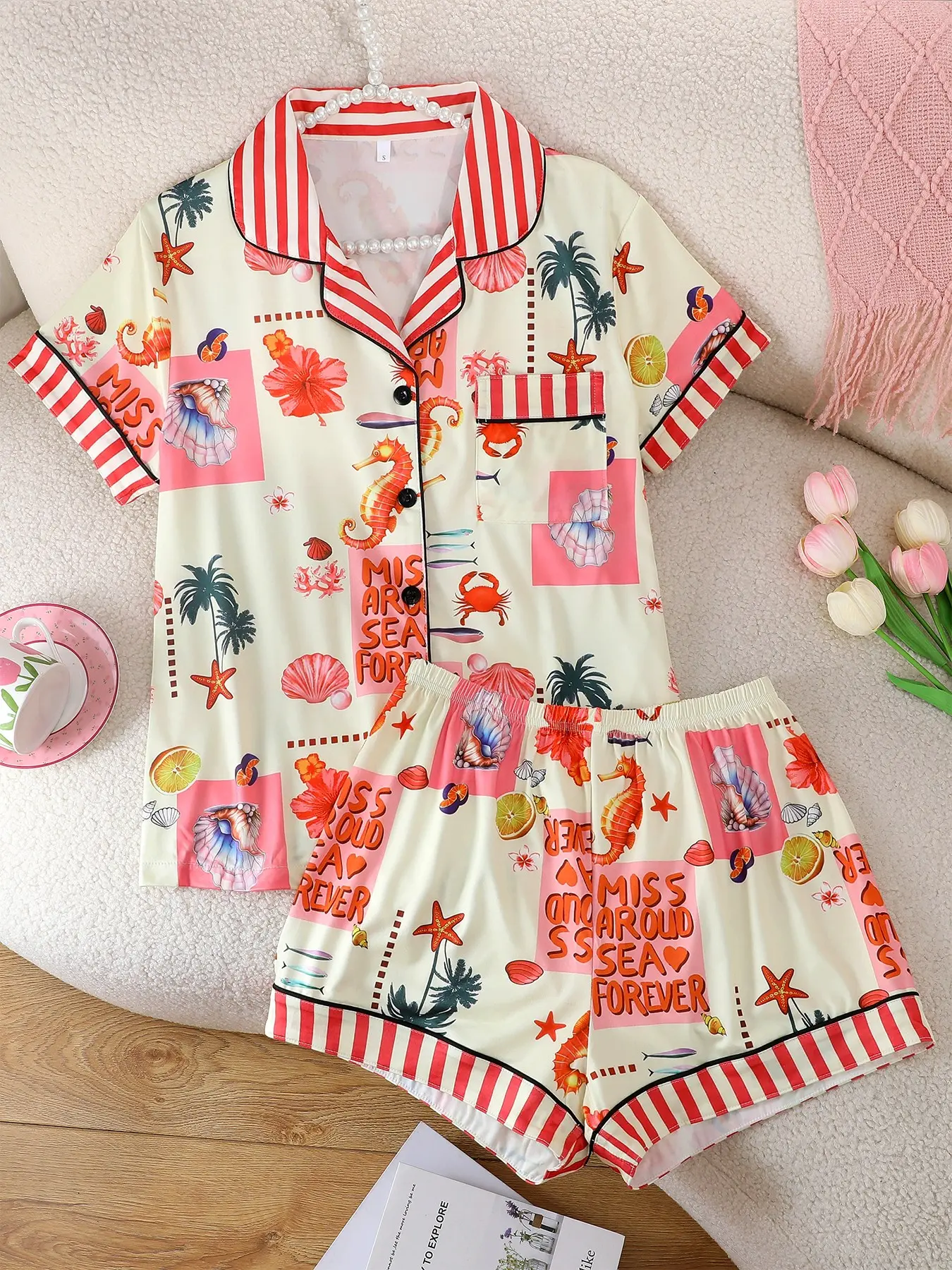 Women's 2-Piece Matching Pajama Set, Casual Short Sleeve Open Front Top & Elastic Shorts, Cartoon Seahorse Animal Print, Comfortable All-Season Sleepwear Loungewear Pjs