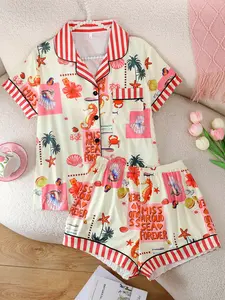 Women's 2-Piece Pajama Set, Casual Short Sleeve Open Front Top & Elastic Shorts, Cartoon Seahorse Print, Comfortable All-Season Sleepwear Loungewear