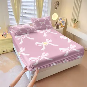 3 Pcs Pink Bowknot Print Fitted Sheet Set, Soft Bedding Sheet, Bed Sheets Set, Includes 1 Fitted Sheet & 2 Pillowcases, Features simple bowknot design, soft and comfortable, suitable for all seasons, Ideal for home bedrooms and hotels