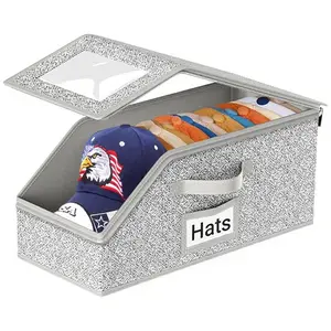 2 PCS Stackable Hat Storage for Baseball Caps – Holds up to 24 Caps Hat Organizer for Closet, Sturdy Snapback Boxes for Men with Cardboard, Stackable Hat Box in Breathable Linen Fabric, Clear Window Closet Storage, Keeps Hats Clean & Organized, Grey