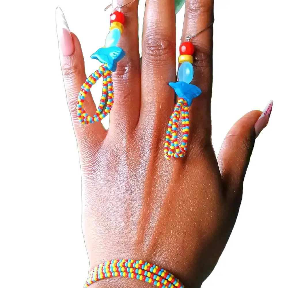 Kongo Songbird of the Kongo Beaded Hooped Earrings with Turquoise Songbird Pendants, Colorful Beads, and Unique Design