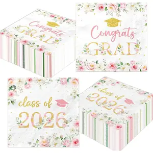 50Pcs Congrats Grad Party Napkins - Floral Graduation Party Decorations Pink Class of 2026 Graduation Paper Napkins for College High School Party Supplies