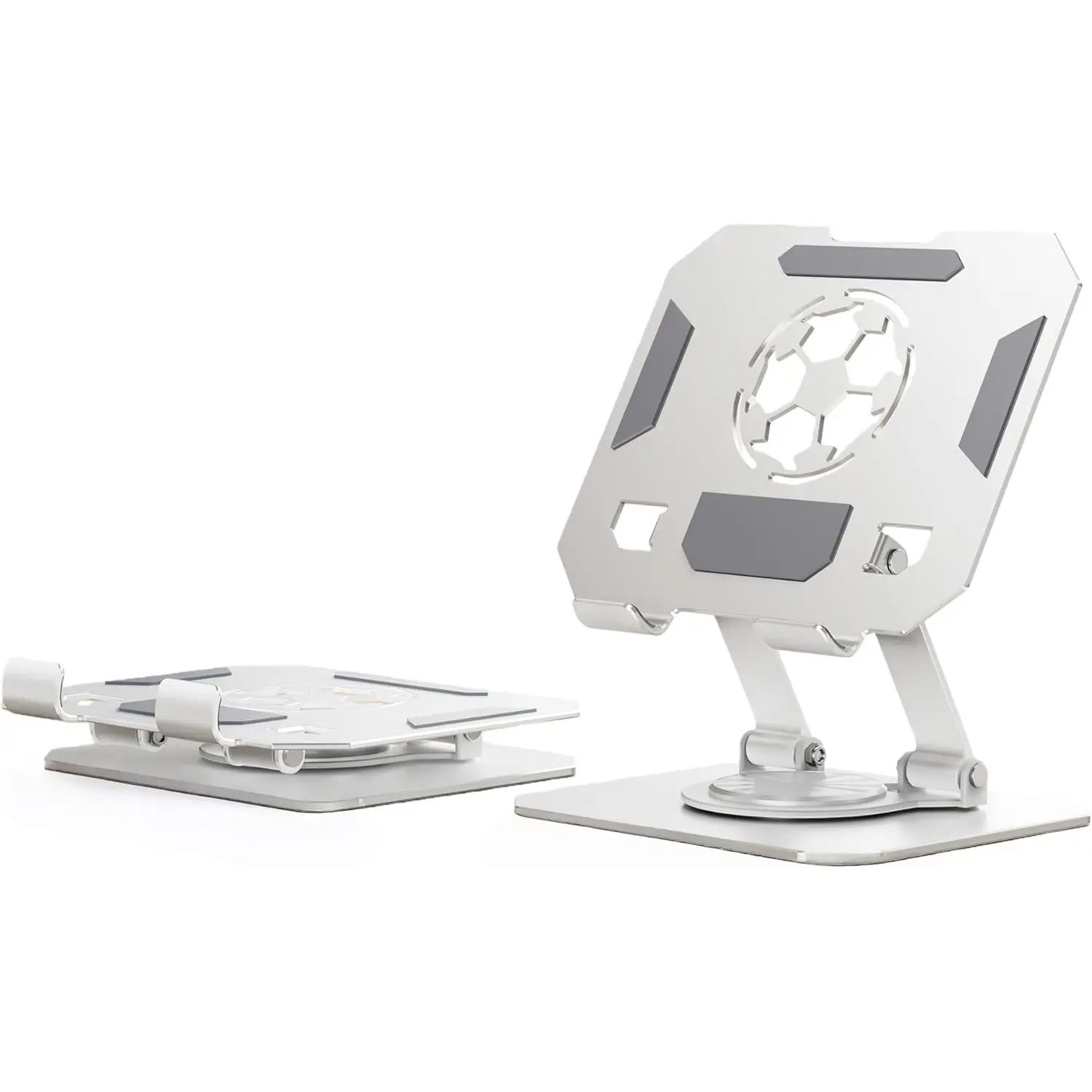 Carbon Steel Universal Fit Cellphone Mobile Tablet Stand Mount - 360° Rotatable, Foldable, Compact, Adjustable, Ergonomic Desktop Accessory with Soccer Cutout, Charging Slot, Wrench Tool for iPad, iPhone, Switch, Office, Movie Use, Silicone Protection