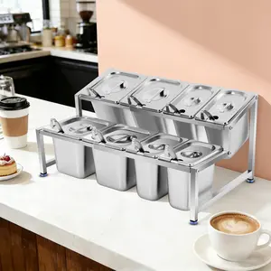 2 Tier Stainless Steel Spice Rack with 8 Pans Lids Spoons Adjustable Length 15kg Capacity for Kitchen Pantry Cafe Restaurant Commercial Home