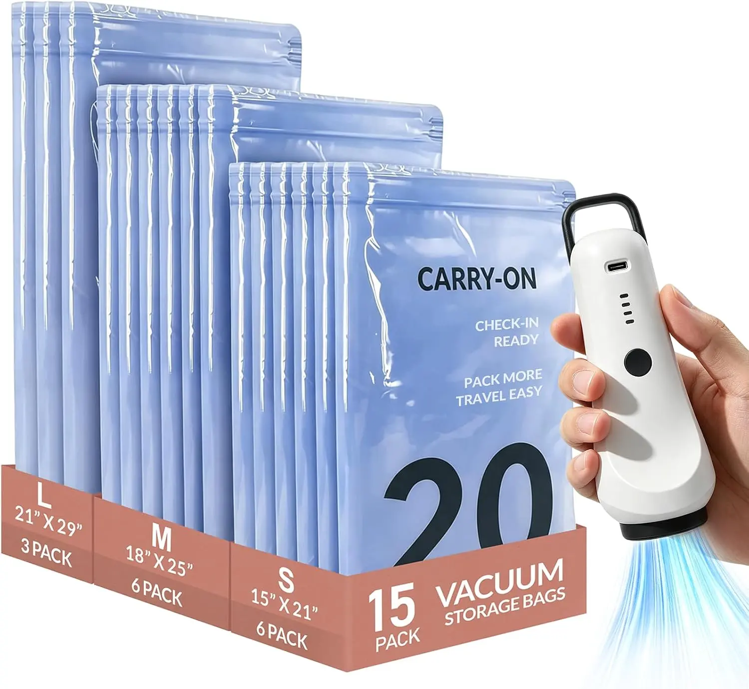 Halloween Fall Gift 15 Pack Vacuum Storage Bags with Rechargeable Pump Travel Luggage Clothing 15-pack 3-size vacuum bags, tight air seal, tearproof fabric, space-saving clothes luggage closet, rechargeable pump included