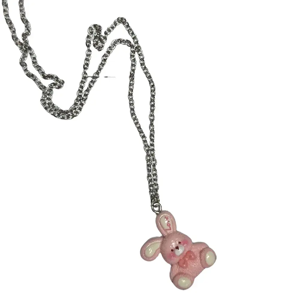 Playful Pink Rabbit Necklace for Women, Cartoon Charm Pendant with Durable Cable Chain, Streetwear Style Jewelry