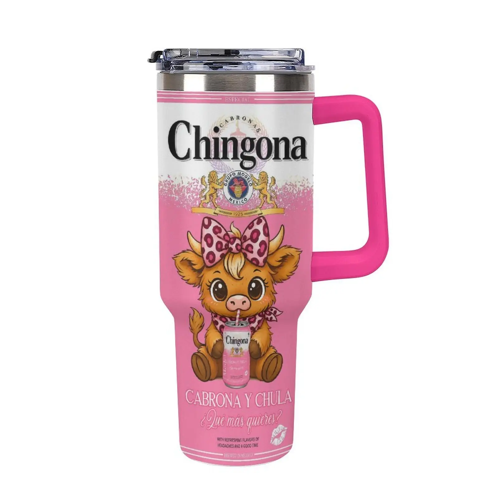 Chingona Modelo Tumbler 20oz / 40oz Insulated Stainless Steel Tumbler, Cute Highland Cow Design, Spanish Quote Print, Pink Handle, Leakproof Lid With Straw, Car Cup Holder Friendly, Keeps Cold & Hot, Mexican-Style Travel Mug, Gift For Latina Women