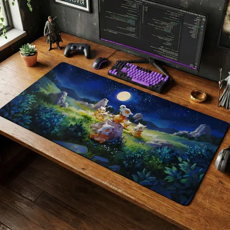 Cubone Moonlit Desk Mat, PKM Night Sky Mouse Pad, Large Gaming Chair Mat, PC Setup Accessories