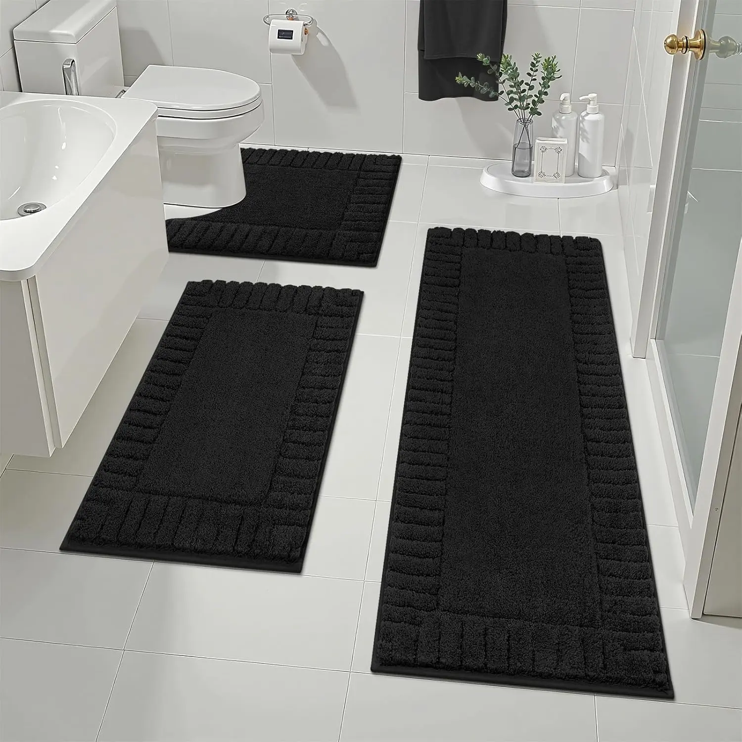 [Back to School] HEBE Bathroom Rugs Sets 3 Piece Bathroom Shower Rugs with U-Shaped Contour Toilet Mat Absorbent Microfiber Plush Bath Mats Non Slip Bath Rugs Machine Washable Shaggy Bath Mat Set summerwins,dorm essentials,home decor,home essentials