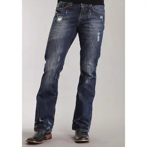 Mens Stetson Blue Cotton Blend Destruction Dark Wash Bootcut Rocks Jeans