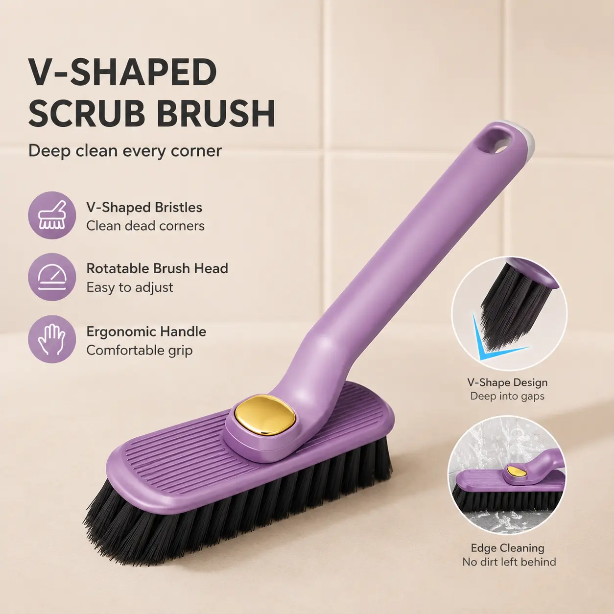 1 Count, Multifunctional Rotatable Cleaning Brush with V-shaped Hard Bristles, Hair Clip and Small Scraper for Bathroom Tile, Sink, Window Frame and Toilet Gap Cleaning